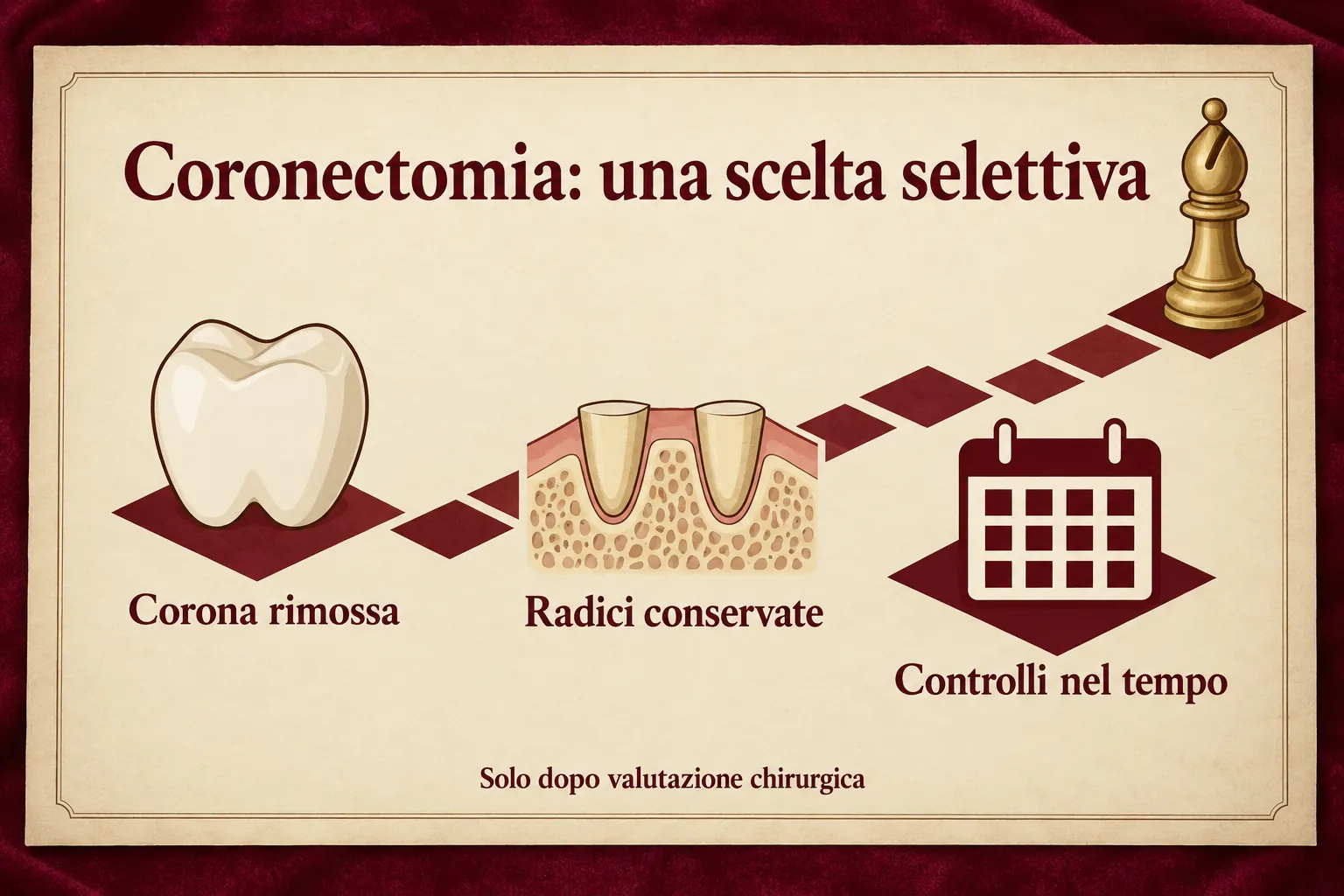 Tre illustrazioni lungo un percorso di scacchi mostrano corona rimossa, radici conservate e controlli nel tempo, dopo valutazione chirurgica.
