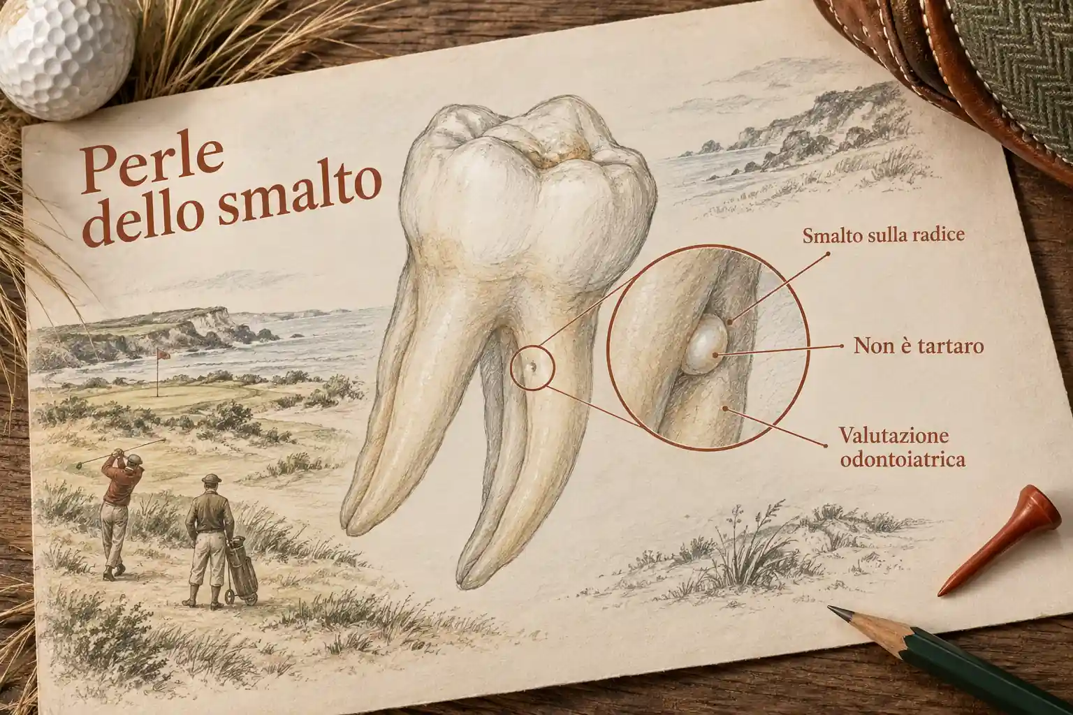 Tavola su carta con un molare e un ingrandimento del nodulo radicolare; le note distinguono lo smalto sulla radice dal tartaro e richiamano la valutazione odontoiatrica.