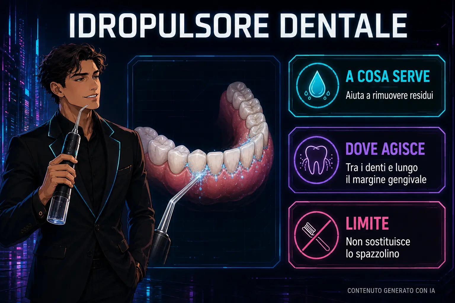 Infografica illustrata dello Studio Odontoiatrico Stere che spiega l'idropulsore dentale in tre punti: aiuta a rimuovere i residui, agisce tra i denti e lungo il margine gengivale, non sostituisce lo spazzolino. Al centro un modello di arcata dentale raggiunto da un getto d'acqua.