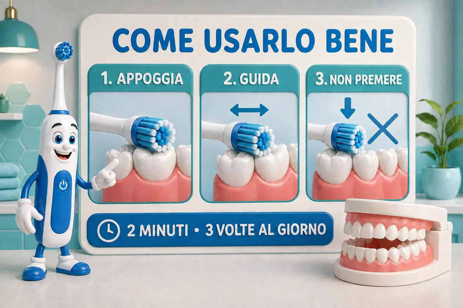 Infografica in tre passaggi sul corretto utilizzo dello spazzolino elettrico: appoggiare la testina, guidarla lentamente e non premere, con indicazione di due minuti di spazzolamento due volte al giorno.