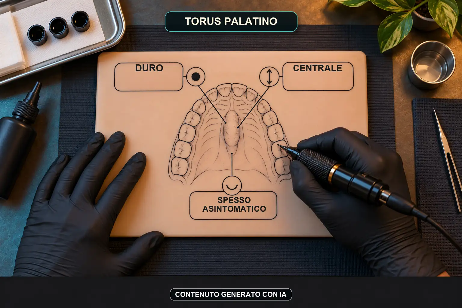 Infografica tatuata su supporto sintetico che rappresenta un torus palatino duro, centrale e spesso asintomatico