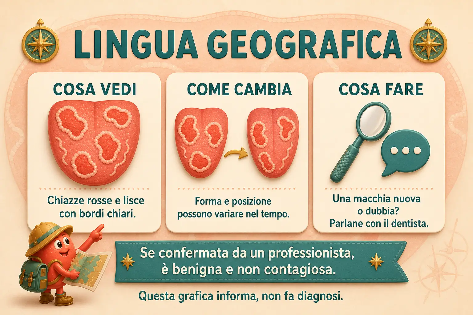Infografica sulla lingua geografica con chiazze rosse, variazioni nel tempo e indicazioni su quando consultare il dentista.