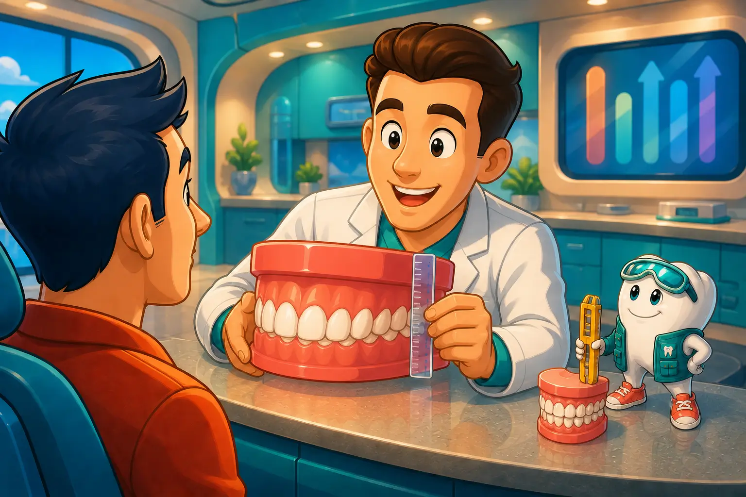 Dentista che spiega il morso profondo a un paziente utilizzando un modello dentale e uno strumento di misurazione.
