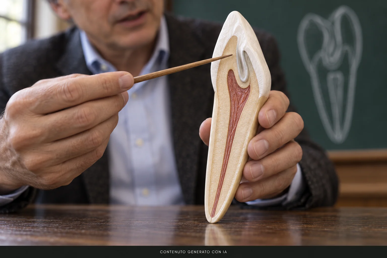 rimo piano, generato con IA, delle mani di un professore che regge un incisivo sezionato e indica con una bacchetta l’area del ripiegamento interno.