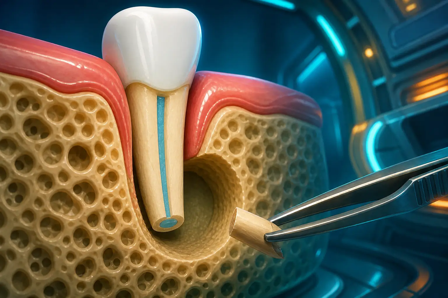 Illustrazione 3D odontoiatrica con sezione di dente, gengiva e osso durante la rappresentazione della rimozione dell’apice radicolare, Studio Odontoiatrico Stere a Lecce.