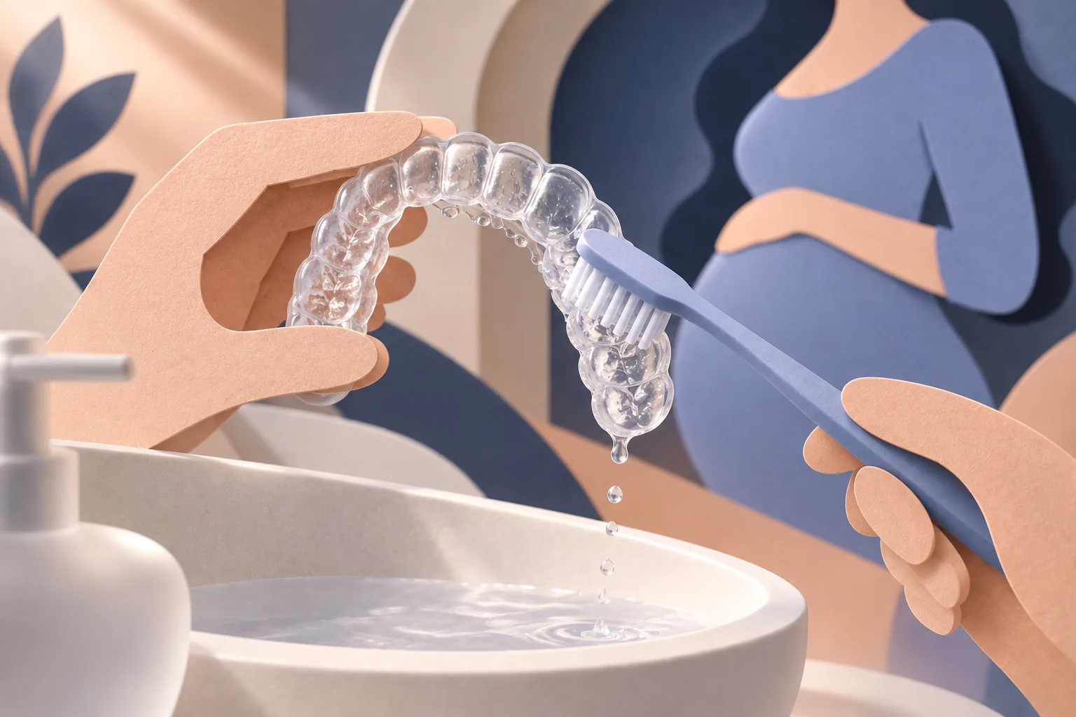 Due mani stilizzate di carta sostengono e puliscono un allineatore con uno spazzolino sopra un lavabo. Gocce d’acqua e una sagoma della gravidanza sullo sfondo completano il collage ravvicinato.