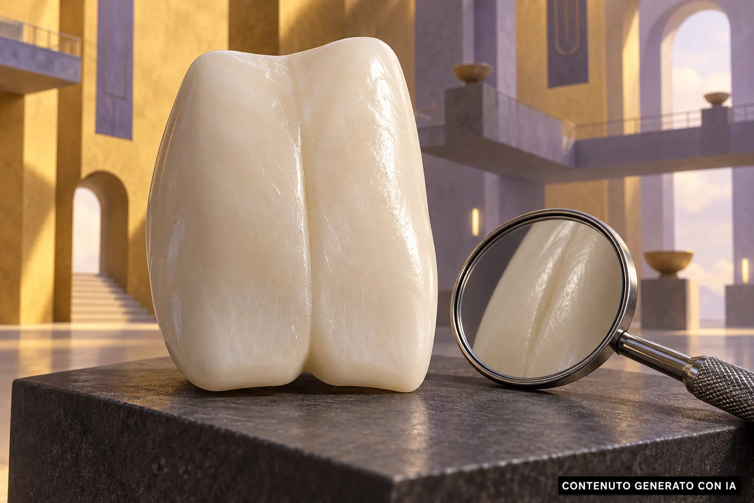 Modello di una corona dentale ampia con solco verticale, affiancato da uno specchietto che ne riflette la superficie su un basamento scuro.