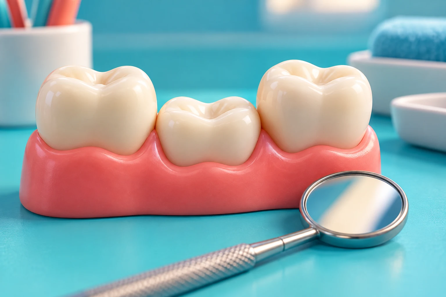 Primo piano di tre molari su una base rosa: quello centrale è più basso dei due vicini; uno specchietto dentale occupa il primo piano.