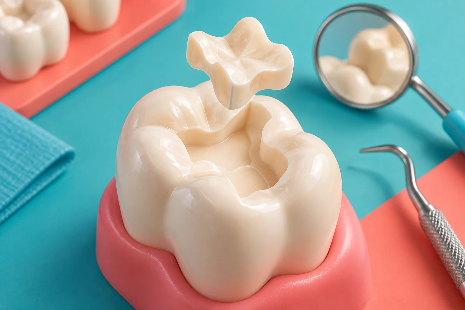 Un intarsio color avorio è sospeso sopra la cavità di un modello di molare, accanto a specchietto e strumento dentale su fondo turchese.