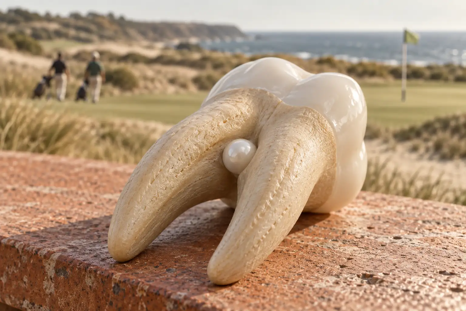 Dettaglio di un modello ceramico di molare su un piano di terracotta: un piccolo nodulo bianco è visibile tra le radici, con il campo da golf sfocato dietro.