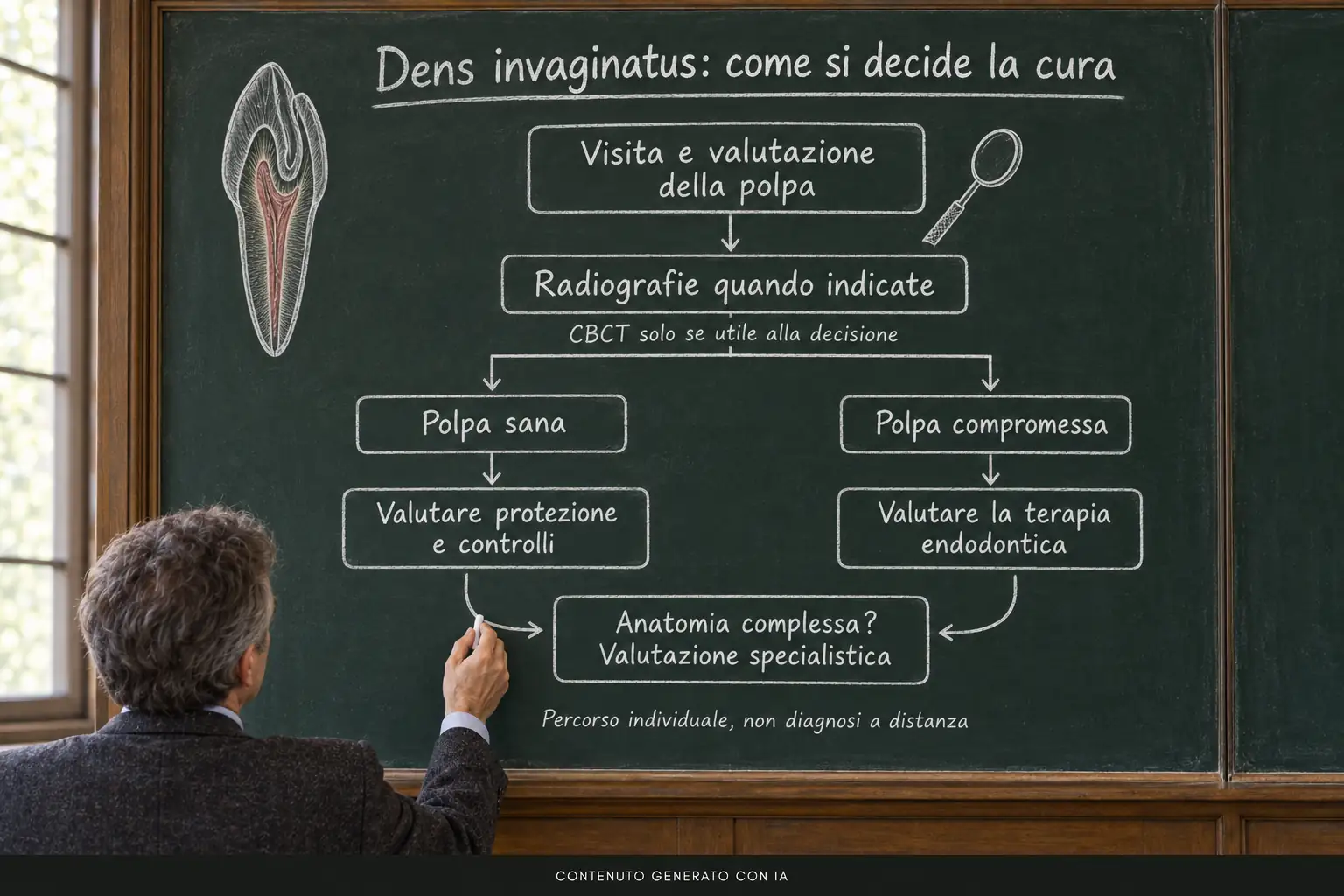 Schema alla lavagna su visita, esami quando indicati e possibili cure secondo lo stato della polpa nel dens invaginatus, con un professore generato con IA.