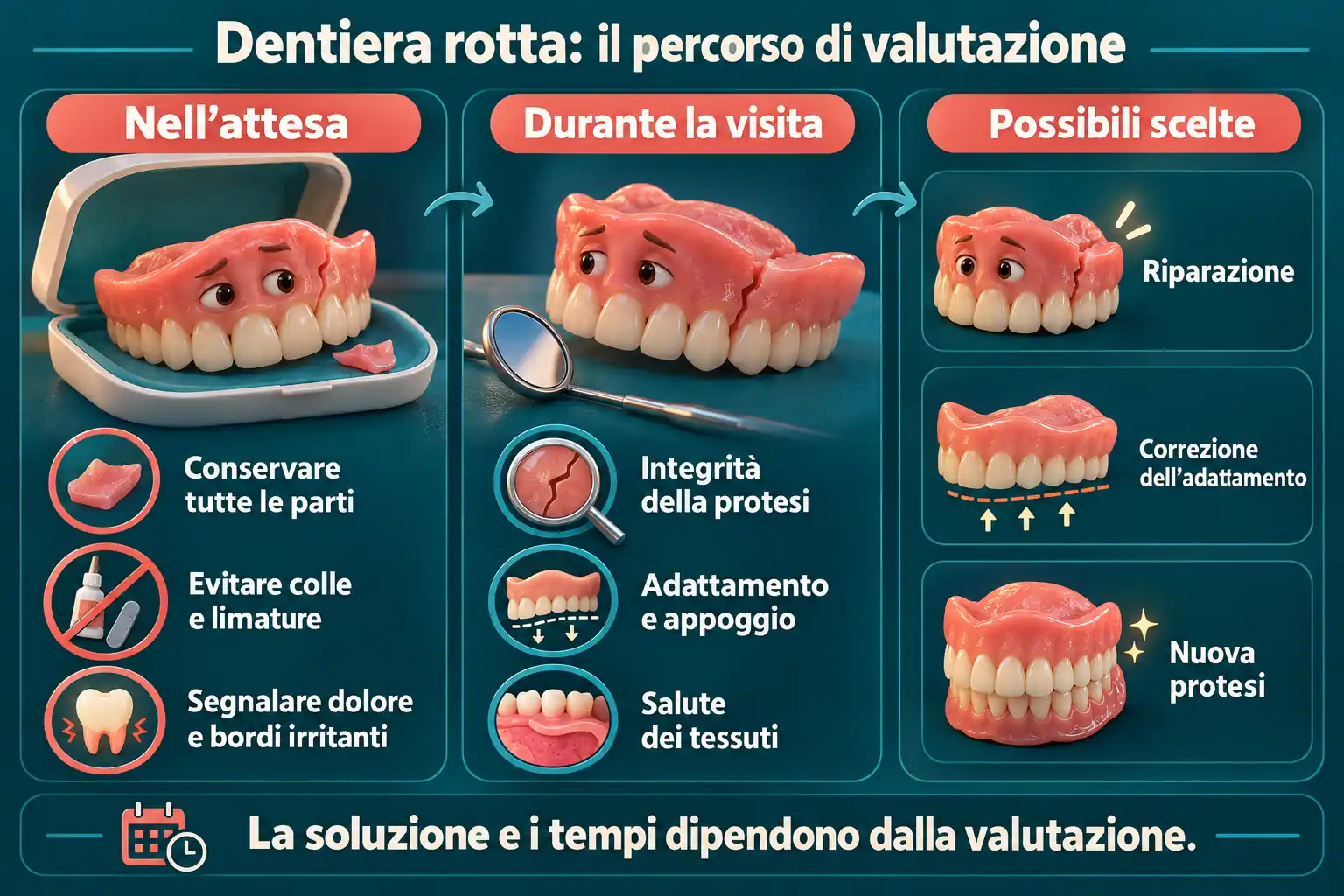 Infografica in tre colonne sulle precauzioni nell’attesa, i controlli durante la visita e le possibili scelte per una protesi danneggiata.