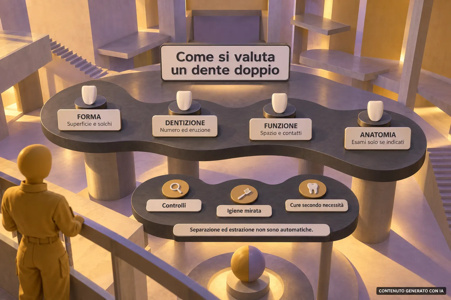 Tavola su piattaforme scure con quattro criteri, forma, dentizione, funzione e anatomia, e indicazioni su controlli, igiene e cure secondo necessità.