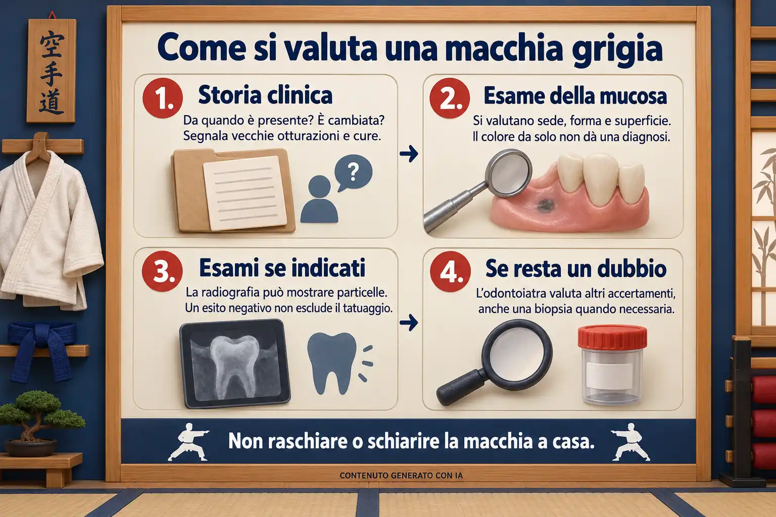 Schema in quattro riquadri: storia clinica, esame della mucosa, eventuali esami e approfondimenti se resta un dubbio. Invito a non raschiare o schiarire la macchia.