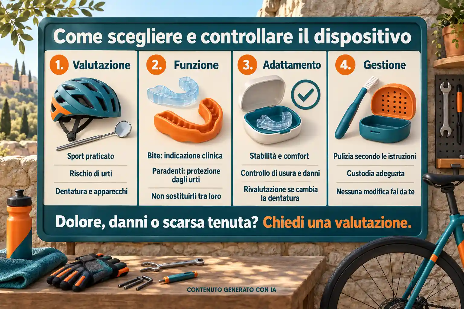 Pannello in quattro colonne su valutazione, funzione, adattamento e gestione di bite e paradenti, in un ambiente dedicato alla bicicletta.