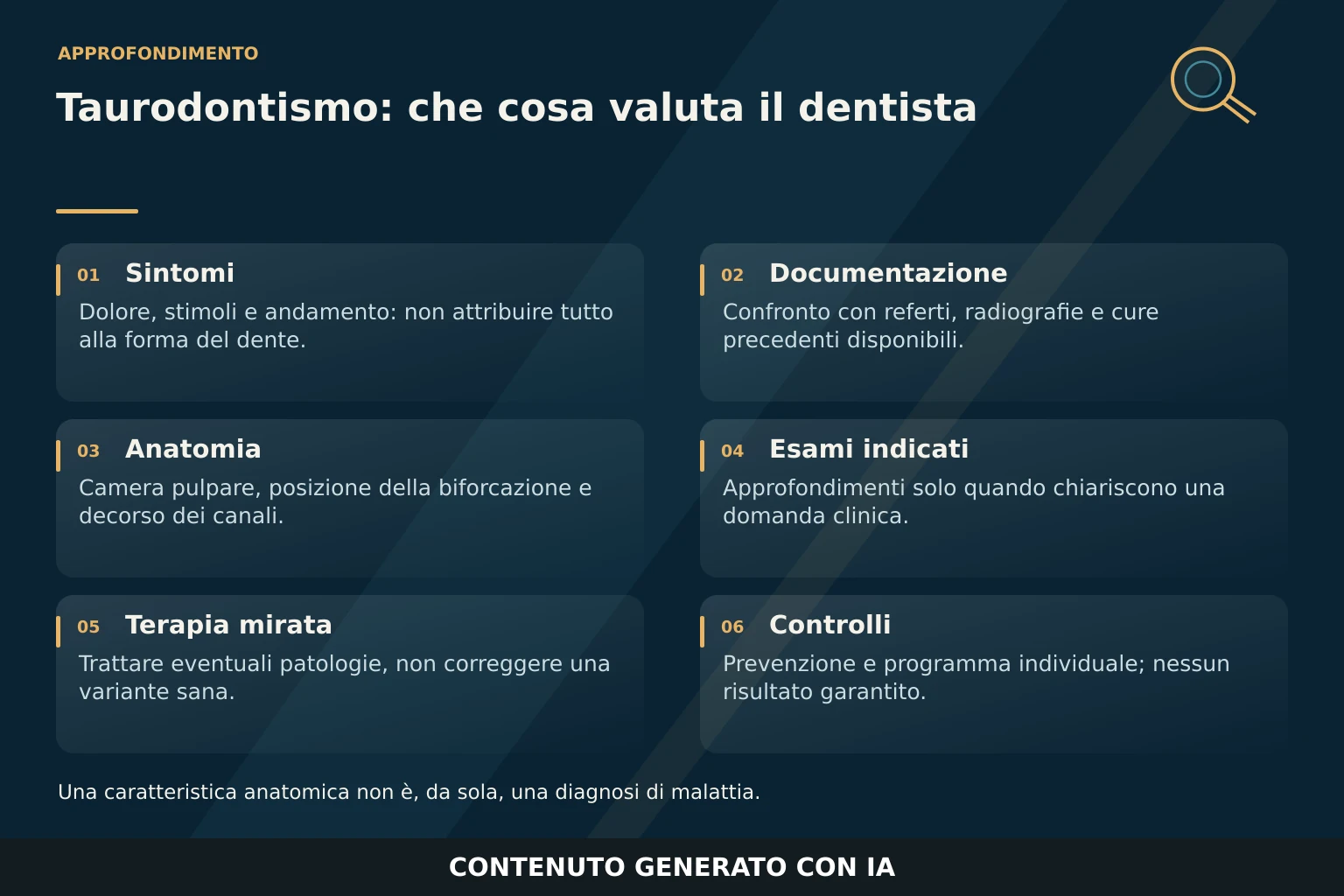 Schema in sei riquadri su sintomi, documentazione, anatomia, esami indicati, terapia mirata e controlli nel taurodontismo.