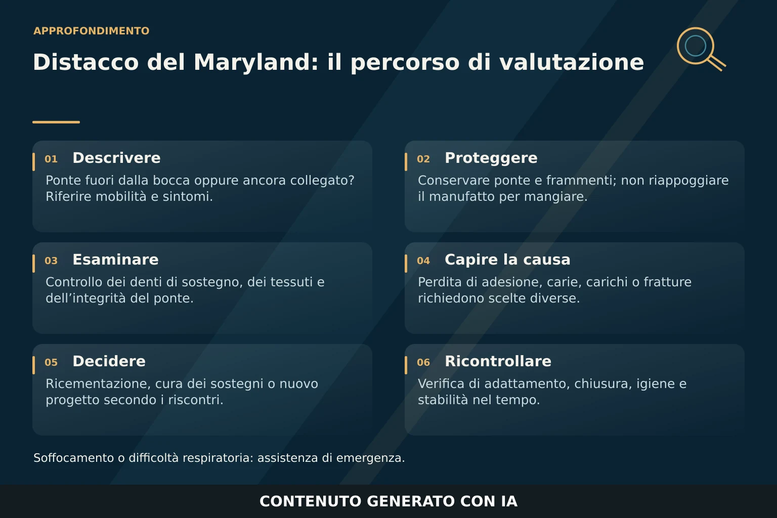 Infografica in sei passaggi: descrivere il distacco, proteggere il ponte, esaminarlo, comprendere la causa, decidere la cura e ricontrollare.