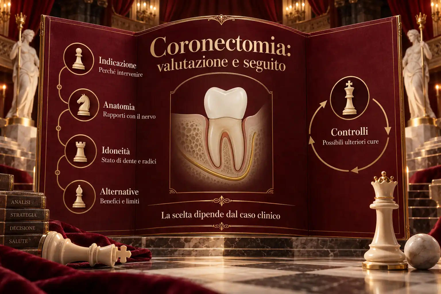 Un pannello bordeaux a libro collega indicazione, anatomia, idoneità e alternative ai controlli successivi, con un modello del dente al centro.