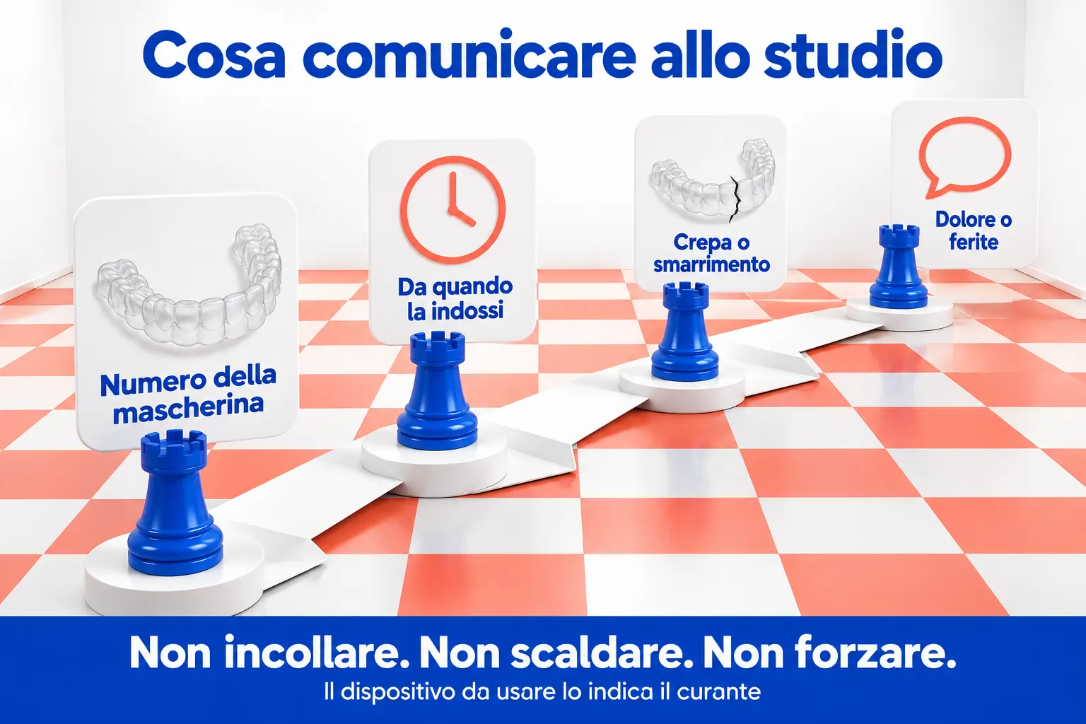 Quattro torri su un percorso diagonale accompagnano numero della mascherina, tempo di utilizzo, danno o smarrimento e sintomi da comunicare allo studio.