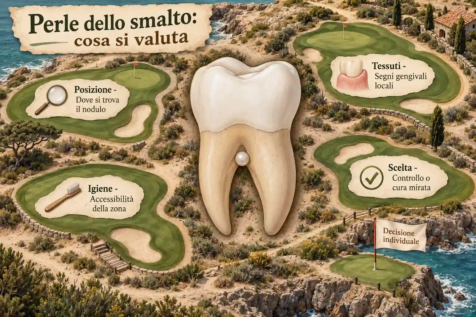 Molare al centro di un campo da golf visto dall’alto; quattro aree illustrano posizione del nodulo, tessuti gengivali, accessibilità all’igiene e scelta individuale delle cure.