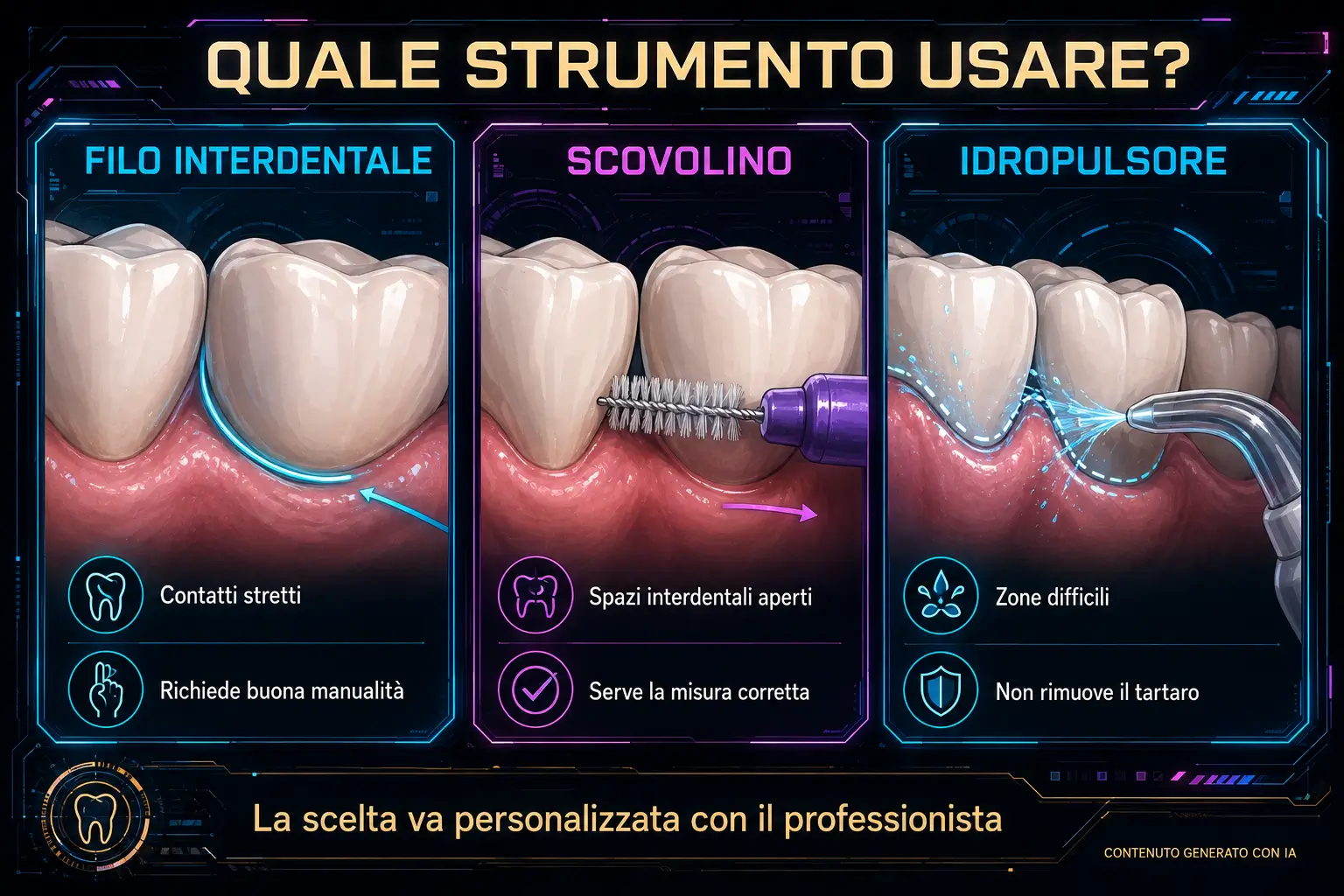 Infografica comparativa dello Studio Odontoiatrico Stere su tre strumenti per la pulizia interdentale: il filo per i contatti stretti, lo scovolino per gli spazi aperti e l'idropulsore per le zone difficili. In basso l'indicazione che la scelta va personalizzata con il professionista.