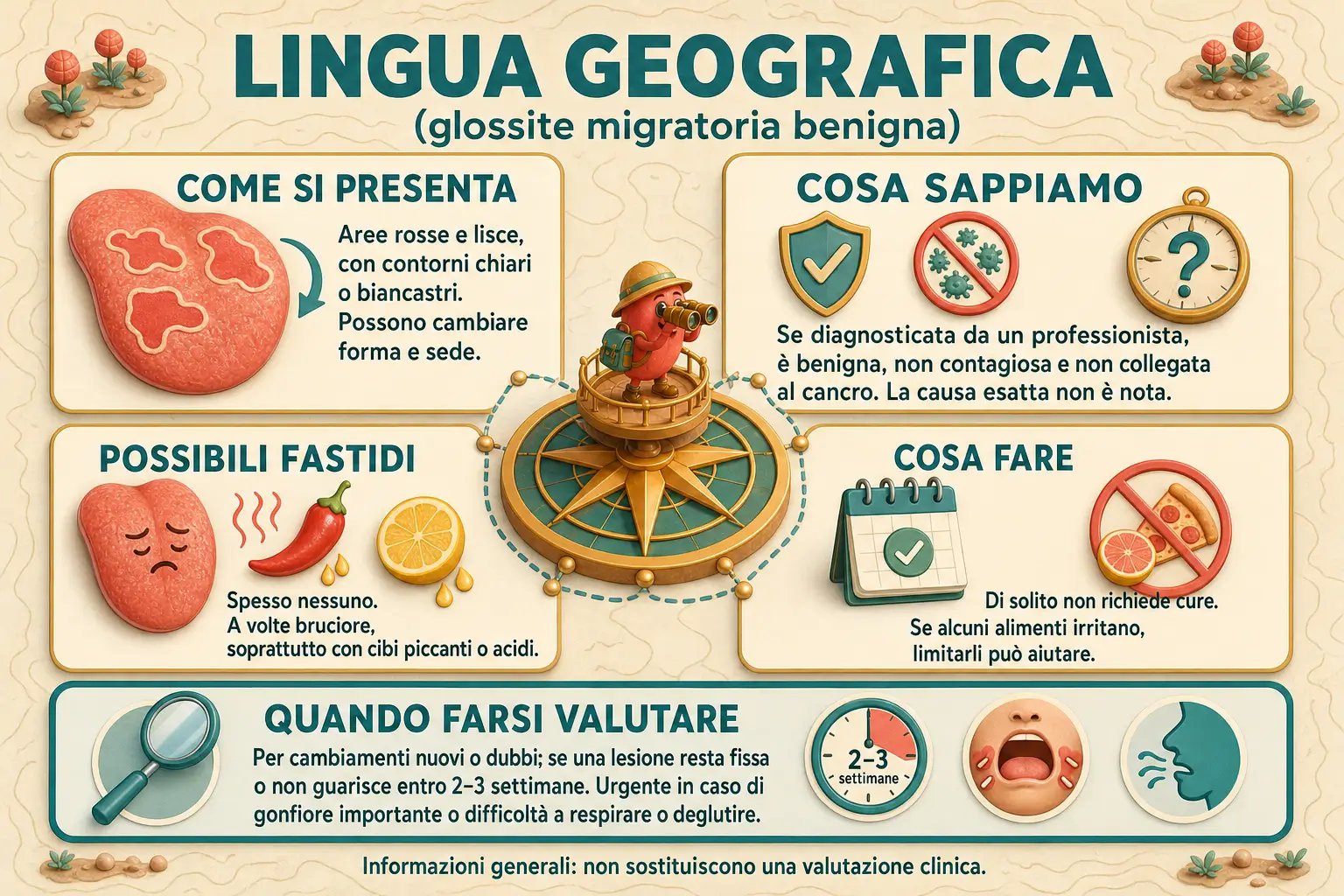 Infografica sulla lingua geografica con sintomi, possibili fastidi, caratteristiche e segnali da far valutare al dentista.