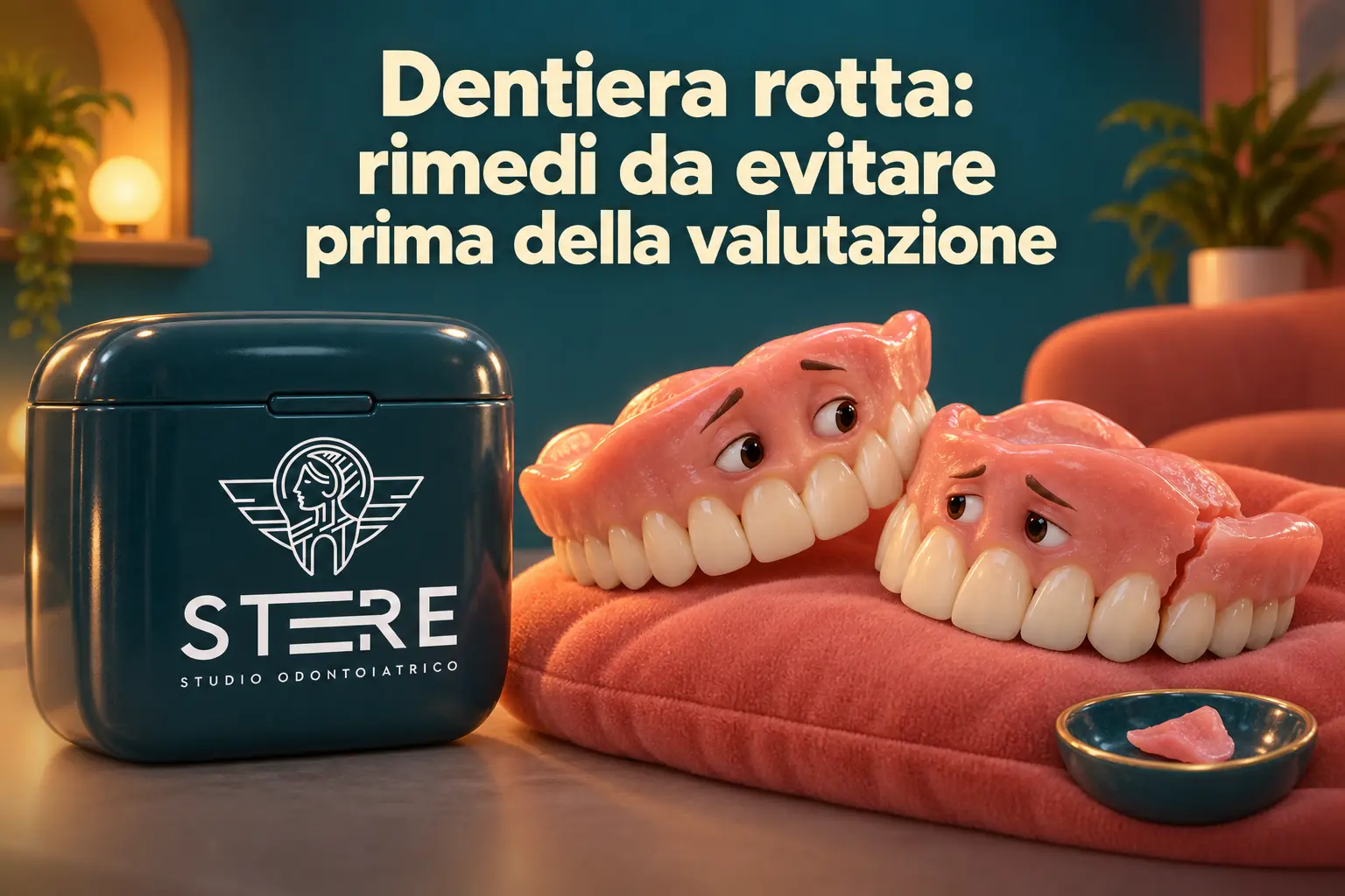Una dentiera danneggiata viene confortata da una compagna su un cuscino, accanto a un contenitore STERE; titolo “Dentiera rotta: rimedi da evitare prima della valutazione”.