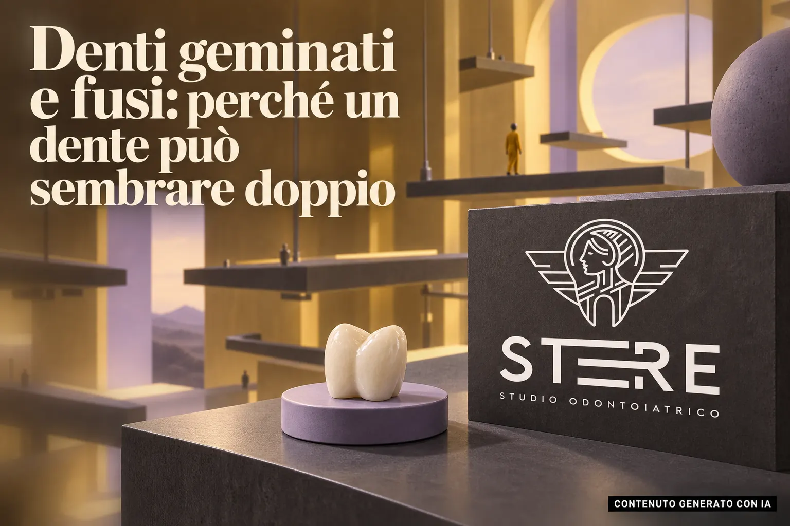 “Denti geminati e fusi: perché un dente può sembrare doppio”, con modello dentale su piedistallo lavanda e logo STERE su un blocco scuro.