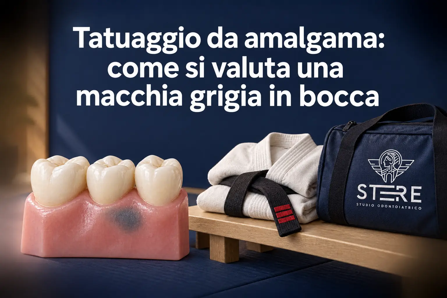 «Tatuaggio da amalgama: come si valuta una macchia grigia in bocca». Modello gengivale con pigmentazione grigia, karategi e borsa con logo STERE.