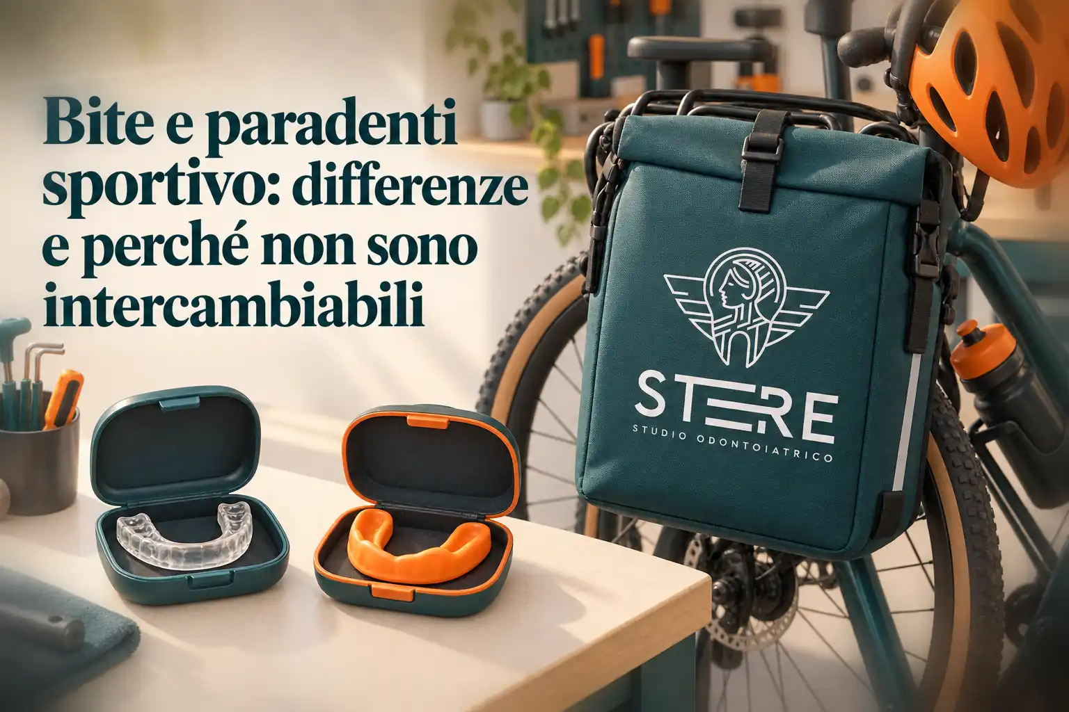 «Bite e paradenti sportivo: differenze e perché non sono intercambiabili». Due dispositivi nelle custodie, bicicletta e borsa con logo STERE.