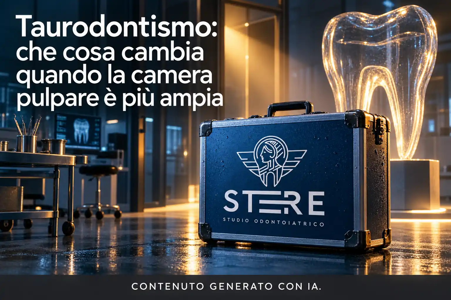 Titolo «Taurodontismo: che cosa cambia quando la camera pulpare è più ampia» sopra una valigetta con logo STERE e una scultura trasparente di dente; dicitura IA in basso.