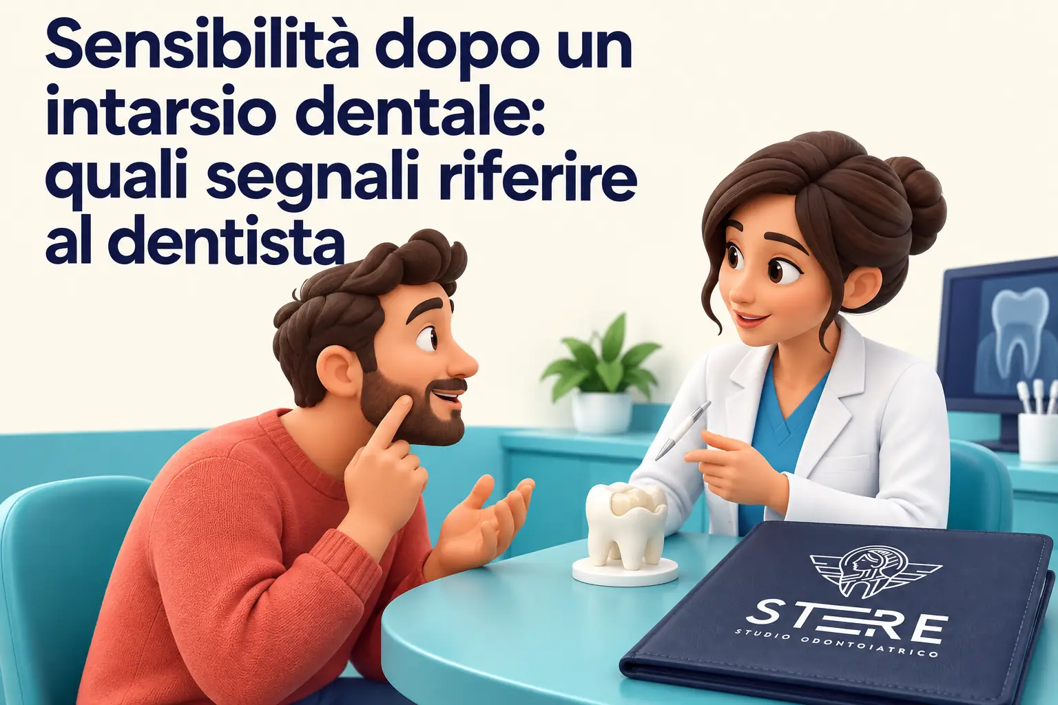 Titolo «Sensibilità dopo un intarsio dentale: quali segnali riferire al dentista», con due personaggi cartoon, modello dentale e cartella con logo STERE.