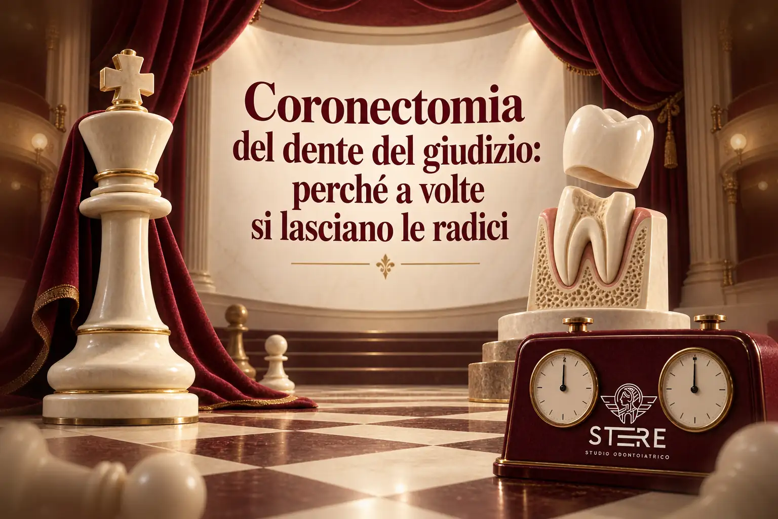 Tra tendaggi bordeaux e pezzi degli scacchi, un modello con corona separata accompagna il titolo «Coronectomia del dente del giudizio: perché a volte si lasciano le radici»; logo STERE sull’orologio.