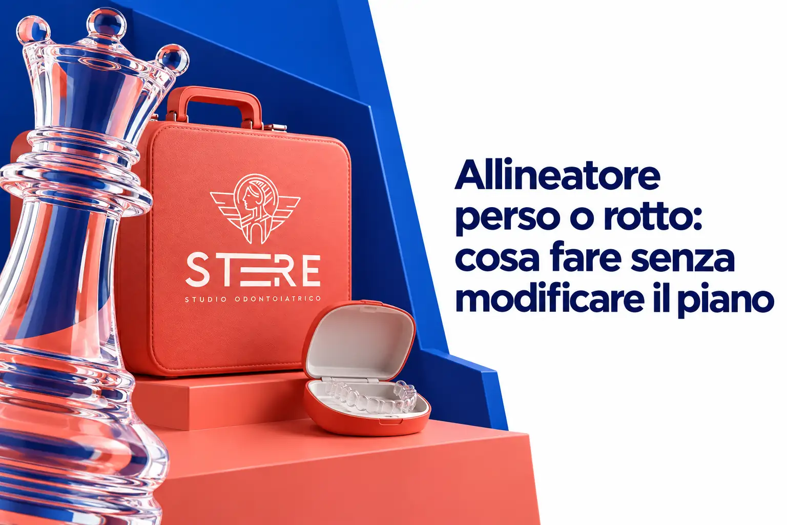 Una regina degli scacchi trasparente e una custodia corallo affiancano il titolo «Allineatore perso o rotto: cosa fare senza modificare il piano»; logo STERE sulla valigetta.