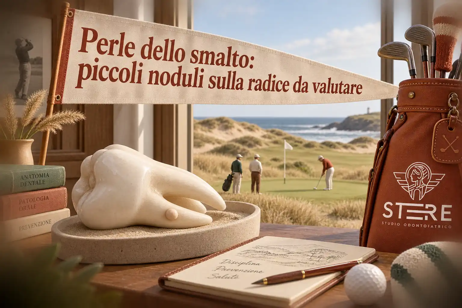 Nella clubhouse, un pennone reca il titolo “Perle dello smalto: piccoli noduli sulla radice da valutare”; sul tavolo un molare ceramico e sulla sacca da golf il logo STERE.