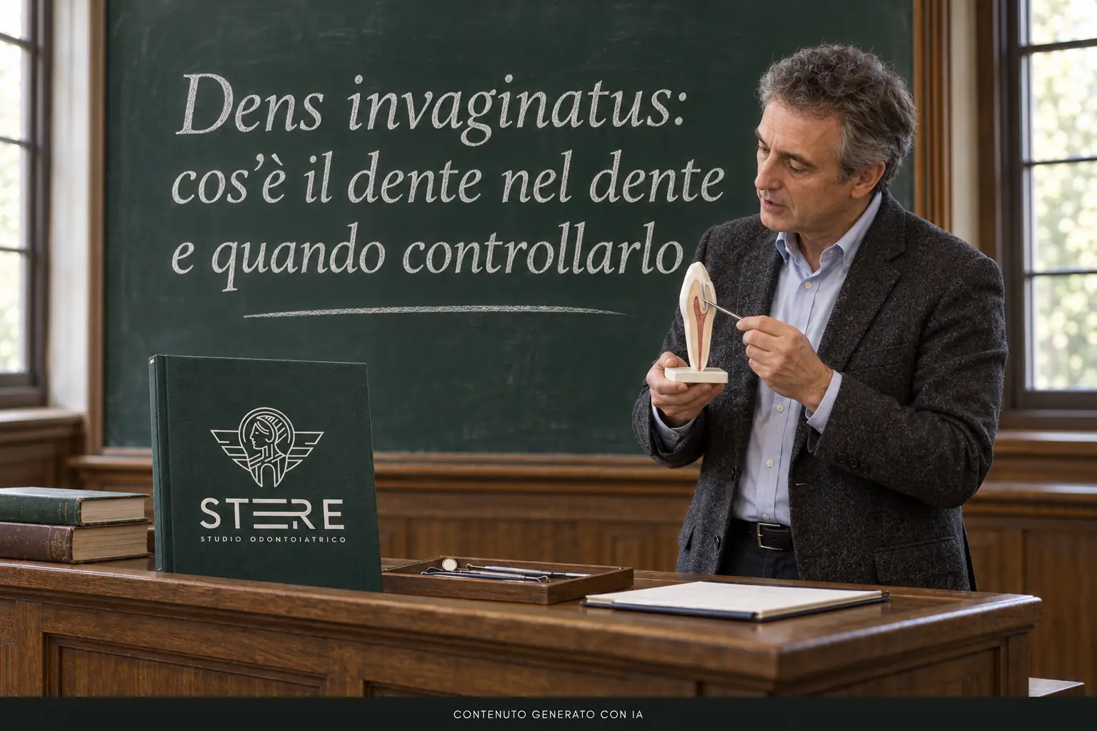 Professore generato con IA e modello dentale accanto al titolo «Dens invaginatus: cos’è il dente nel dente e quando controllarlo». Logo STERE su un volume verde.