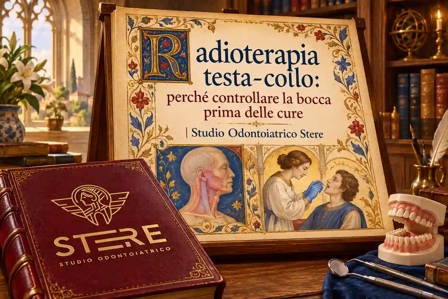 Modello anatomico e cartella Stere accanto a una moto, con il titolo sul controllo della bocca prima delle cure.