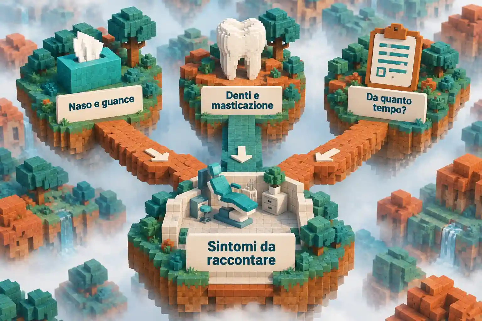Tre isole voxel collegano naso e guance, denti e masticazione e durata dei sintomi a un punto di valutazione clinica.