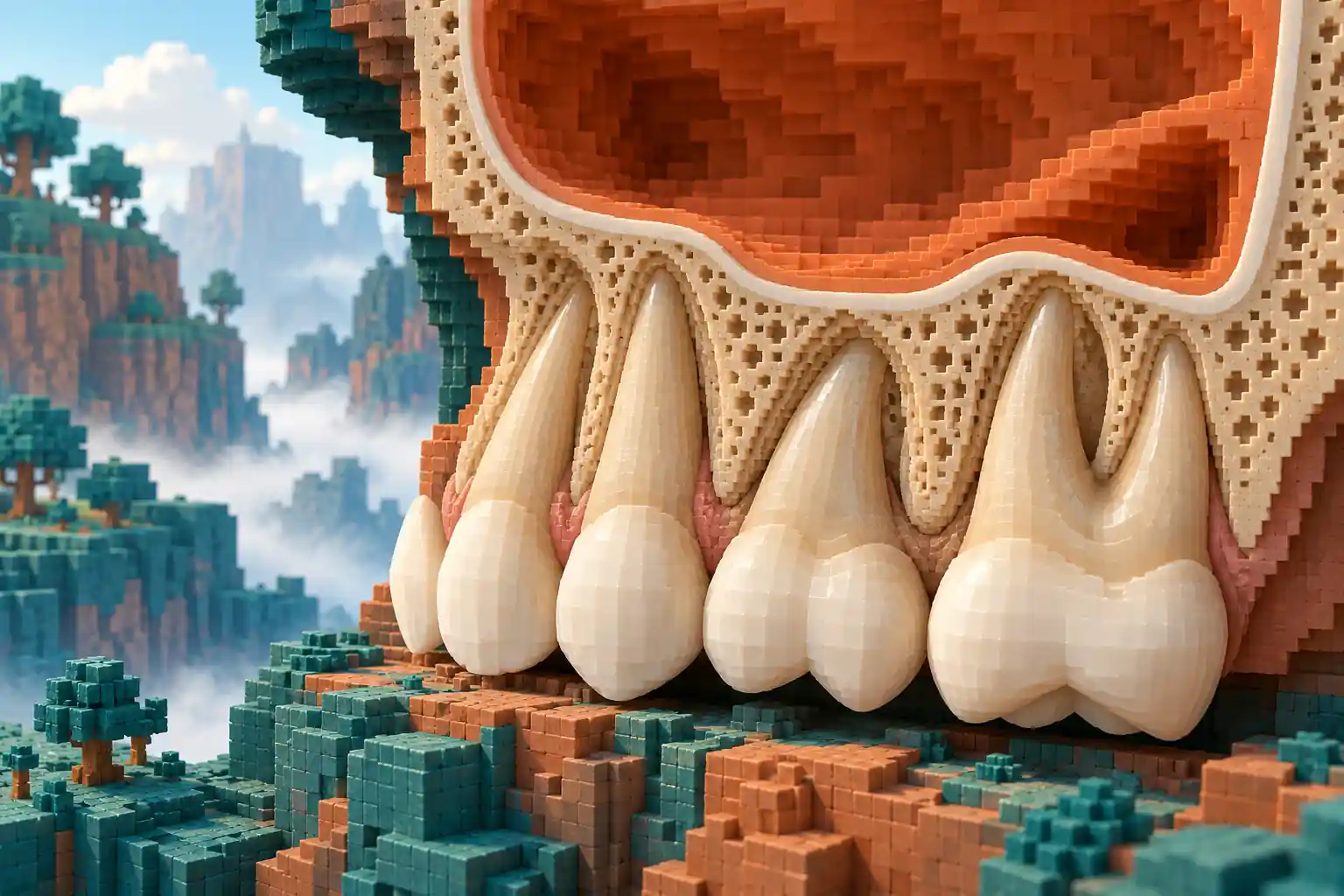 Dettaglio di un modello a cubi con le radici dei denti posteriori superiori sotto una cavità arancione del seno mascellare.