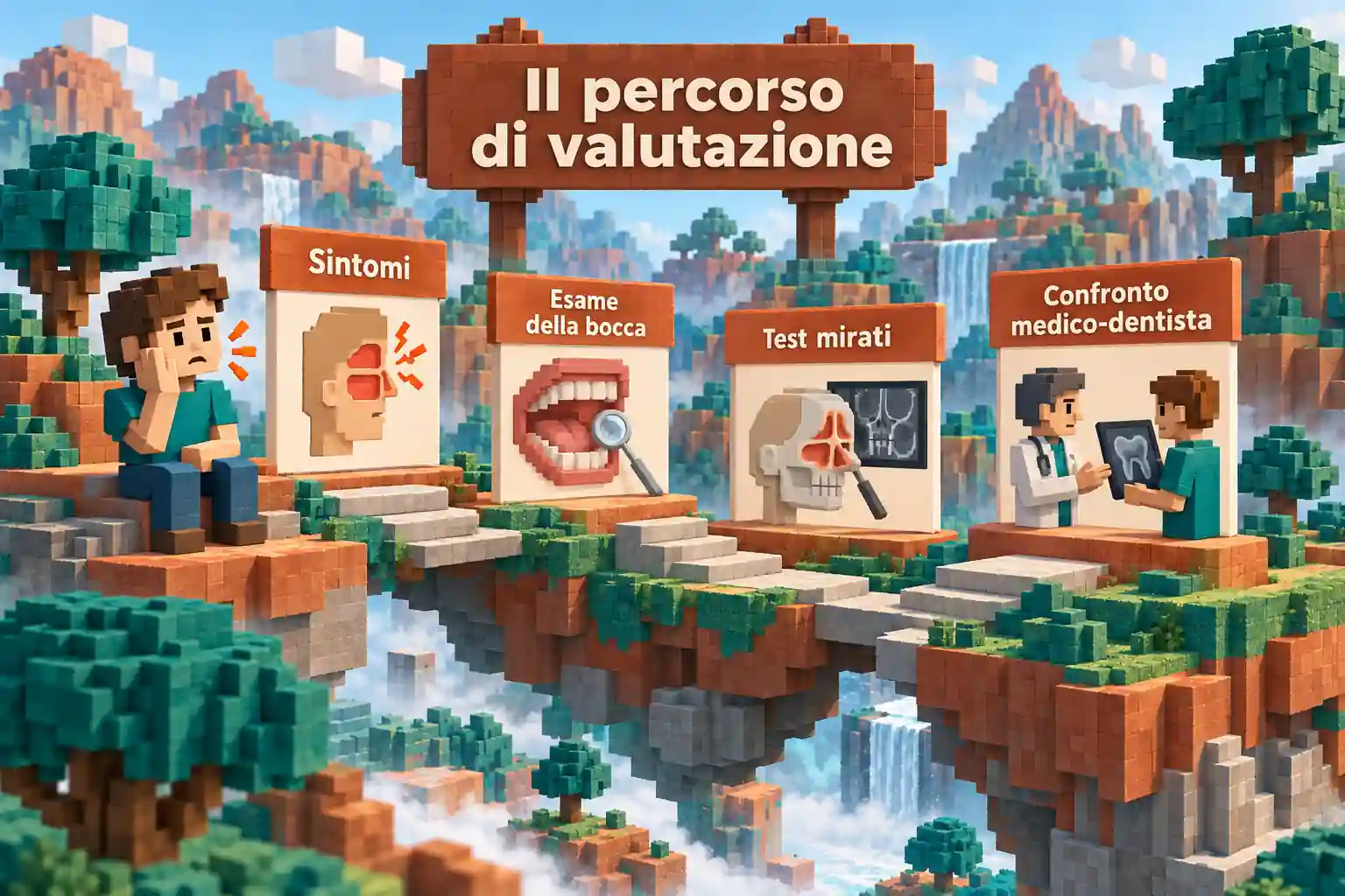 Quattro piattaforme voxel illustrano sintomi, esame della bocca, test mirati e confronto tra medico e dentista.
