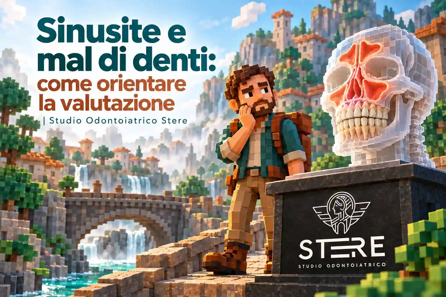 Un esploratore voxel porta la mano alla guancia accanto a un modello della testa, al titolo sulla valutazione e al logo Stere.