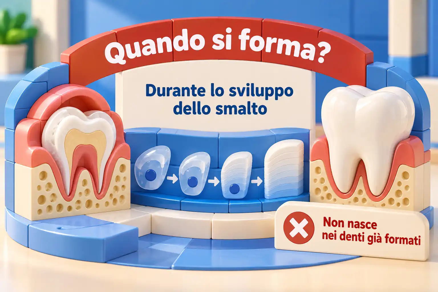 Un'infografica a mattoncini distingue la formazione dello smalto dai denti già formati e colloca in questa fase lo sviluppo della fluorosi.