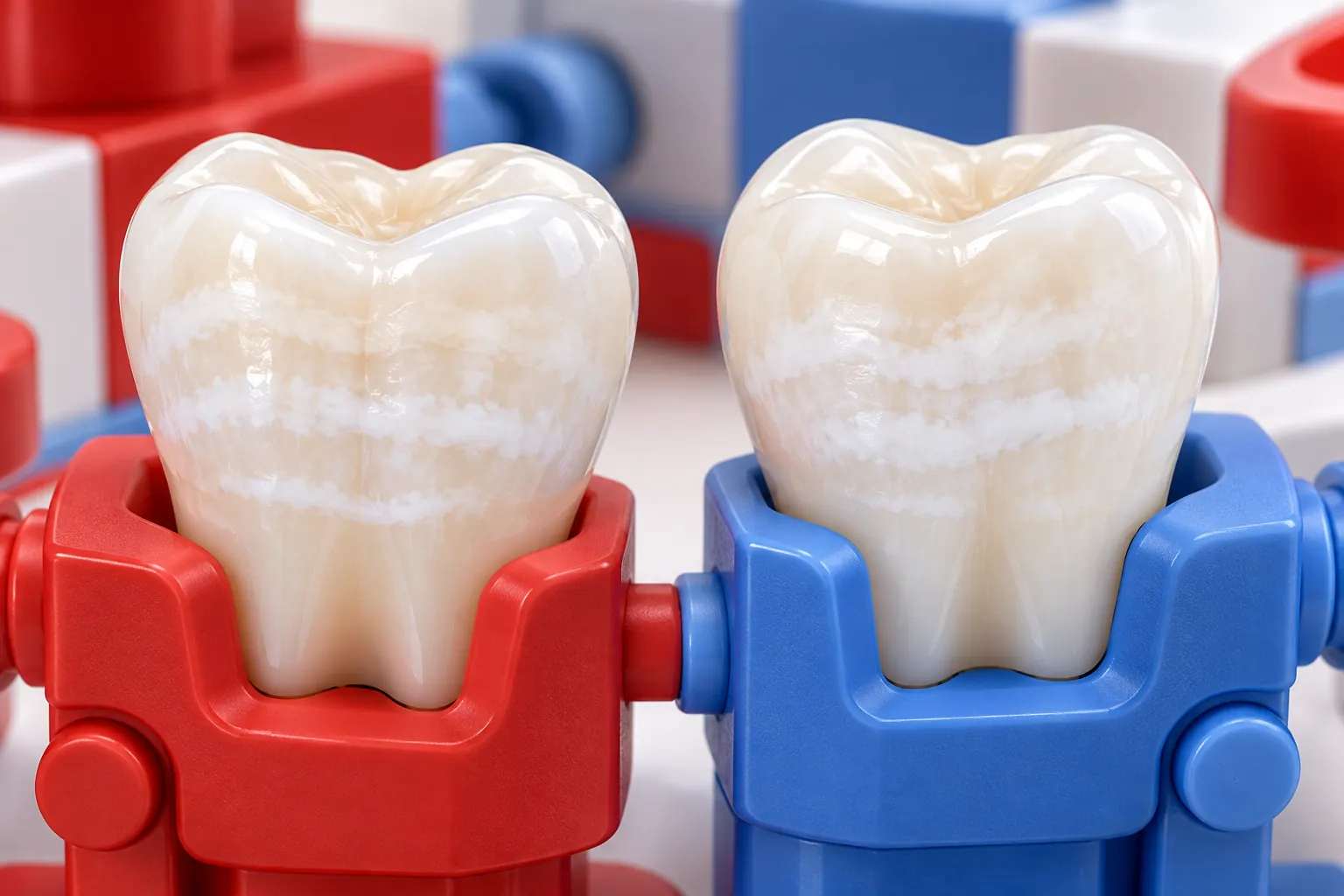 Due modelli di denti su basi rosse e blu mostrano bande bianche sulla superficie dello smalto.