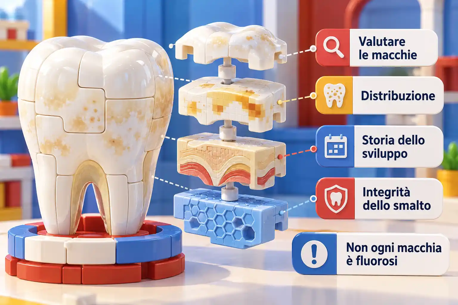 Un dente componibile accompagna quattro elementi della valutazione: macchie, distribuzione, storia e integrità dello smalto.