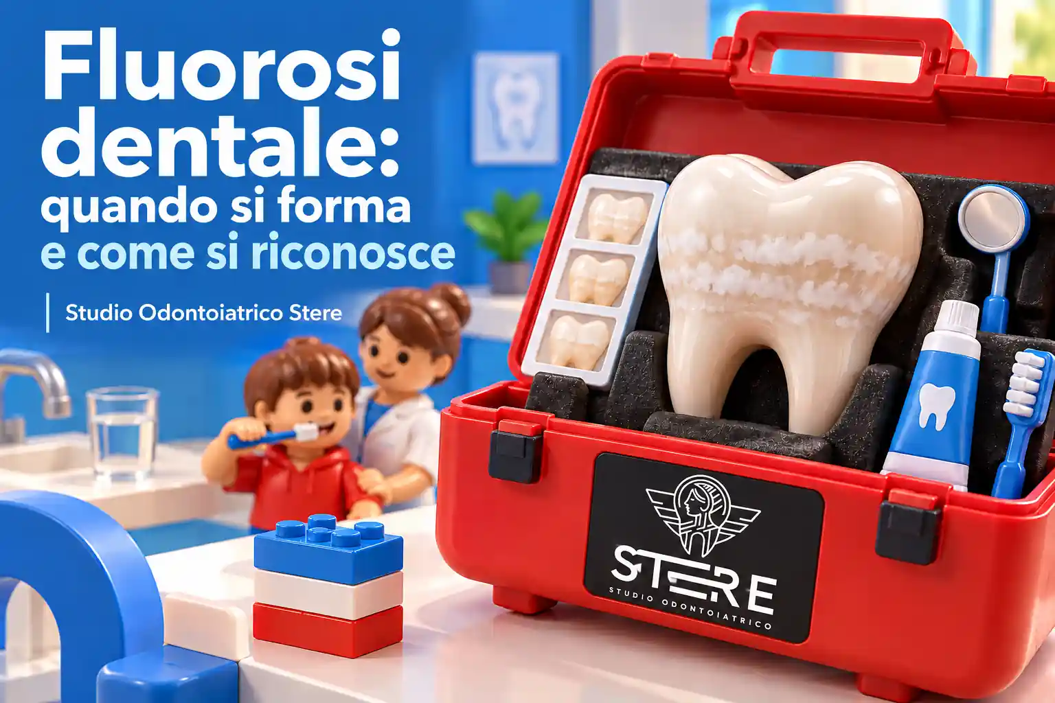 Un grande dente con striature bianche emerge da una valigetta rossa con logo Stere sotto il titolo dedicato alla fluorosi.