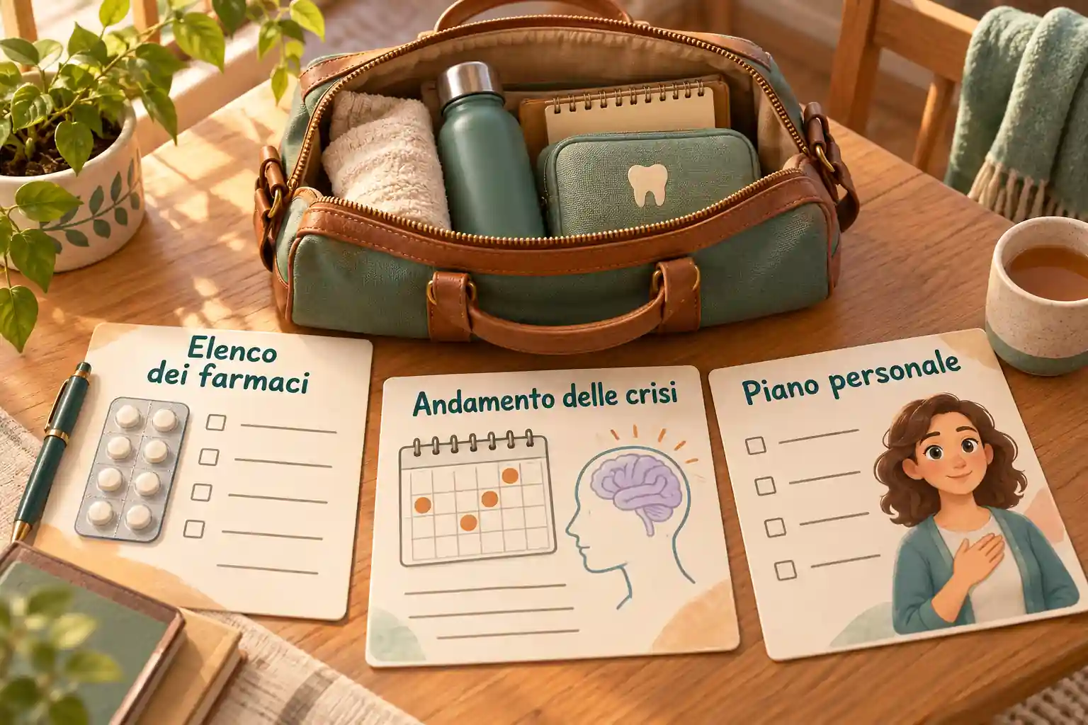 Una borsa aperta e tre schede illustrate richiamano farmaci, storia delle crisi e piano personale per preparare l'appuntamento.