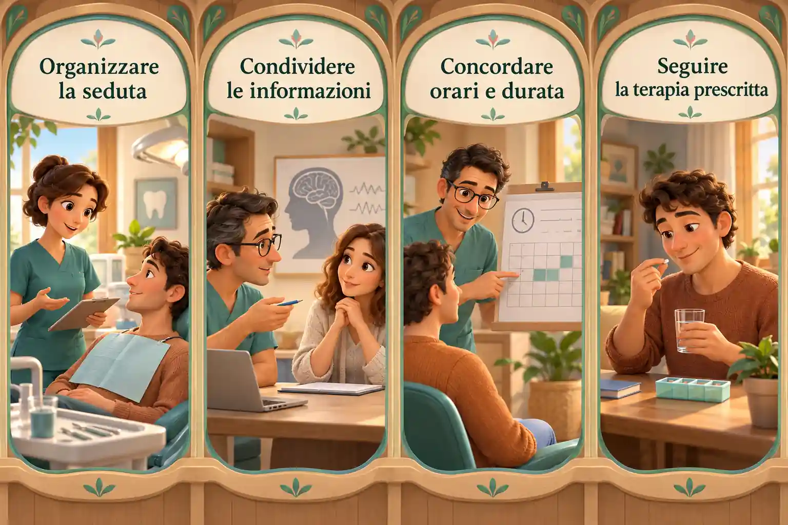 Quattro riquadri illustrati presentano organizzazione, informazioni, orario e durata della visita e terapia prescritta.
