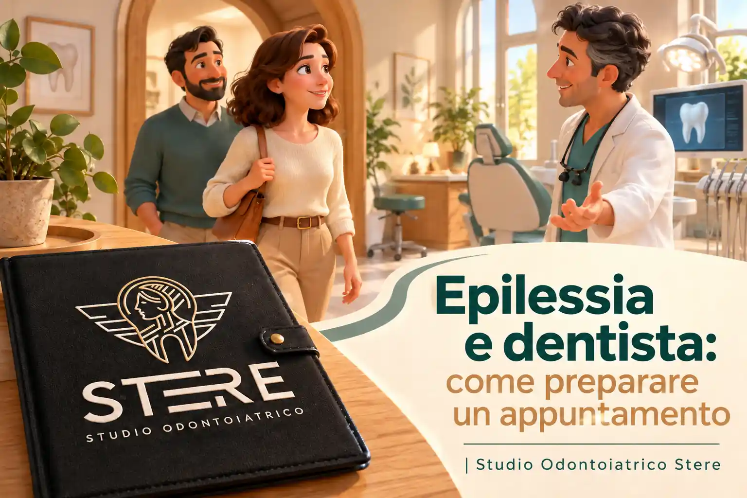 Un dentista animato accoglie una paziente con accompagnatore; il titolo dell'articolo affianca un taccuino con logo Stere.