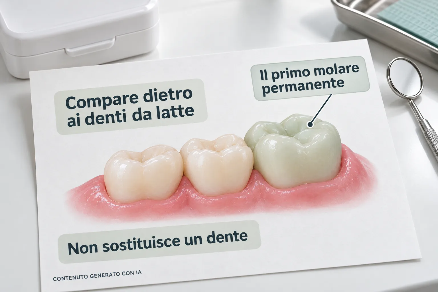 Una scheda illustrata mostra due molari da latte e un molare permanente posteriore, con la spiegazione che compare dietro senza sostituirli.