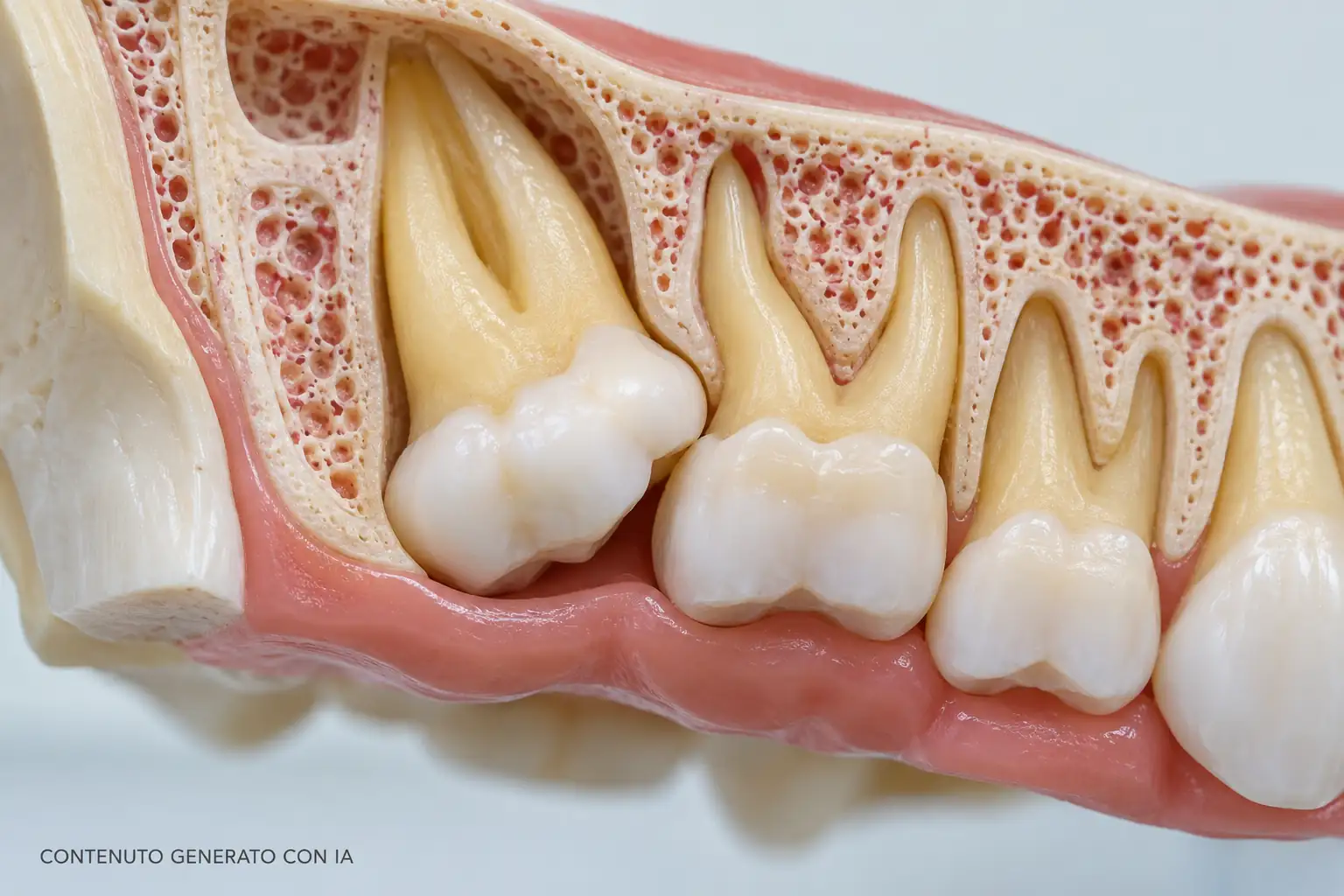 Dettaglio di un modello didattico superiore con un molare posteriore inclinato a contatto con il dente vicino; immagine generata con IA.